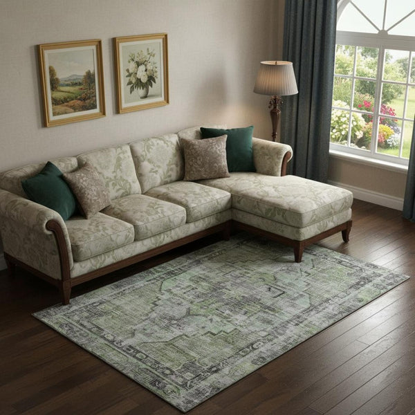 HomeRoots 9' X 12' Artichoke Green Charcoal Ivory Oriental Area Rug - Durable, Washable, UV Resistant Comfort 699375