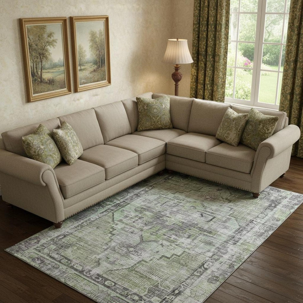 HomeRoots 10' X 14' Artichoke Green Charcoal Ivory Washable Area Rug – Durable, Stain-Resistant, UV Protected! 699376