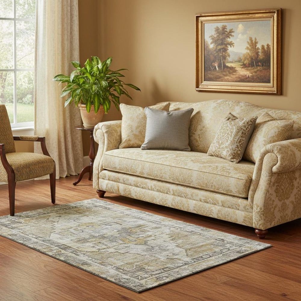 HomeRoots 5' Washable Oriental Area Rug in Brown, Gray & Silver - UV Protected, Durable for High Traffic Areas 699378