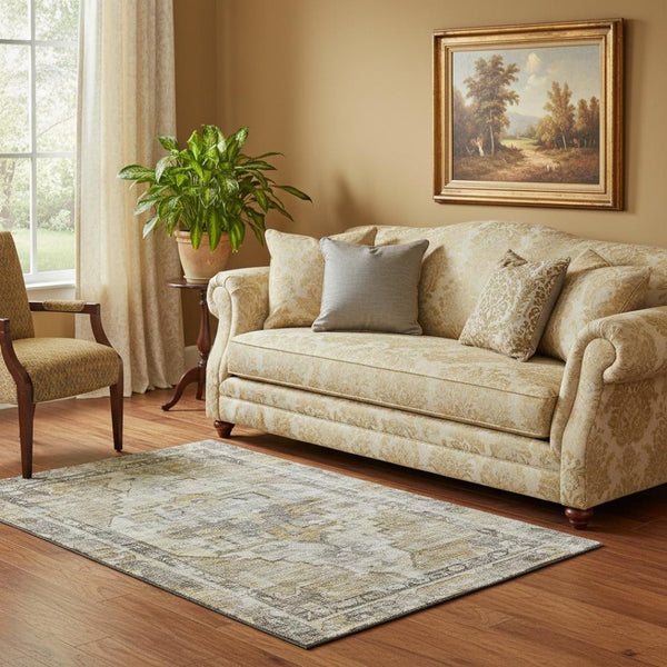 HomeRoots 5' Washable Oriental Area Rug in Brown, Gray & Silver - UV Protected, Durable for High Traffic Areas 699378