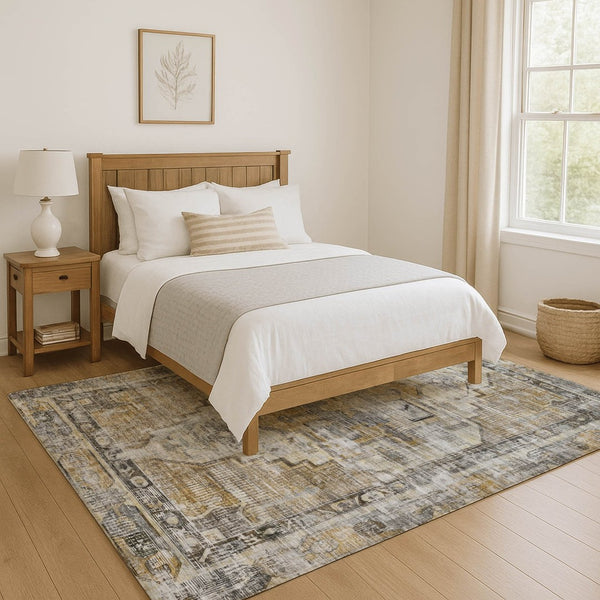 HomeRoots 5' Washable Oriental Area Rug in Brown, Gray & Silver - UV Protected, Durable for High Traffic Areas 699378