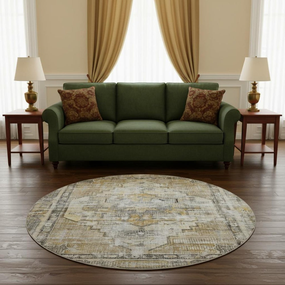 HomeRoots 8' Brown Gray & Silver Oriental Washable Round Rug - UV Protected, Durable, Easy-Care Elegance! 699379
