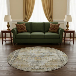HomeRoots 8' Brown Gray & Silver Oriental Washable Round Rug - UV Protected, Durable, Easy-Care Elegance! 699379