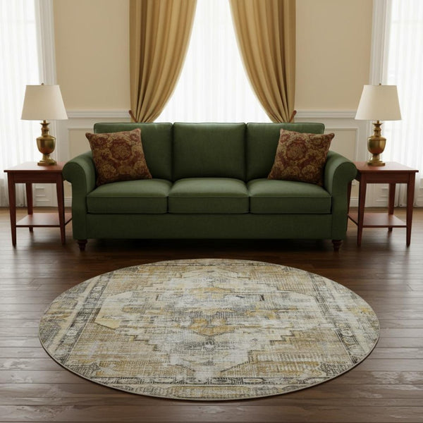 HomeRoots 8' Brown Gray & Silver Oriental Washable Round Rug - UV Protected, Durable, Easy-Care Elegance! 699379