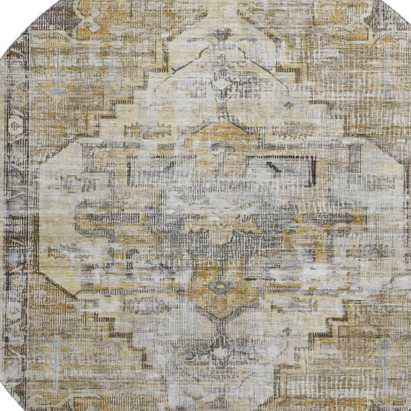 HomeRoots 8' Brown Gray & Silver Oriental Washable Round Rug - UV Protected, Durable, Easy-Care Elegance! 699379