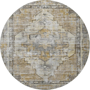 HomeRoots 8' Brown Gray & Silver Oriental Washable Round Rug - UV Protected, Durable, Easy-Care Elegance! 699379