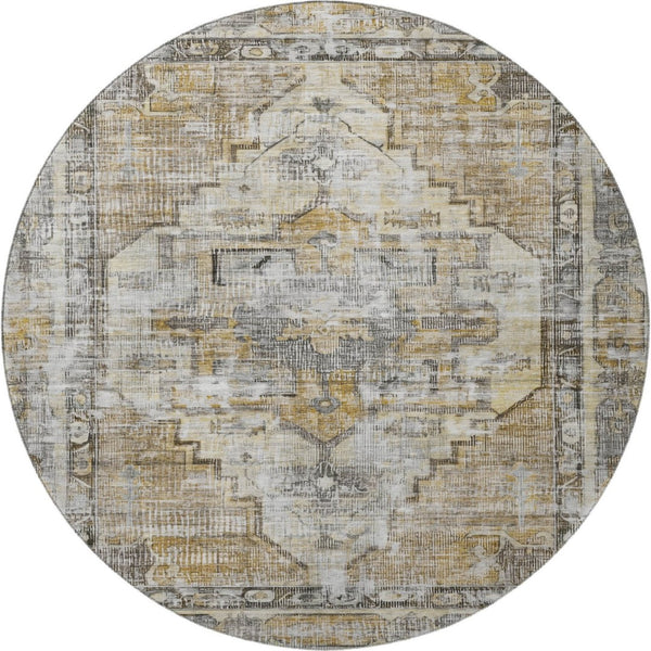 HomeRoots 8' Brown Gray & Silver Oriental Washable Round Rug - UV Protected, Durable, Easy-Care Elegance! 699379