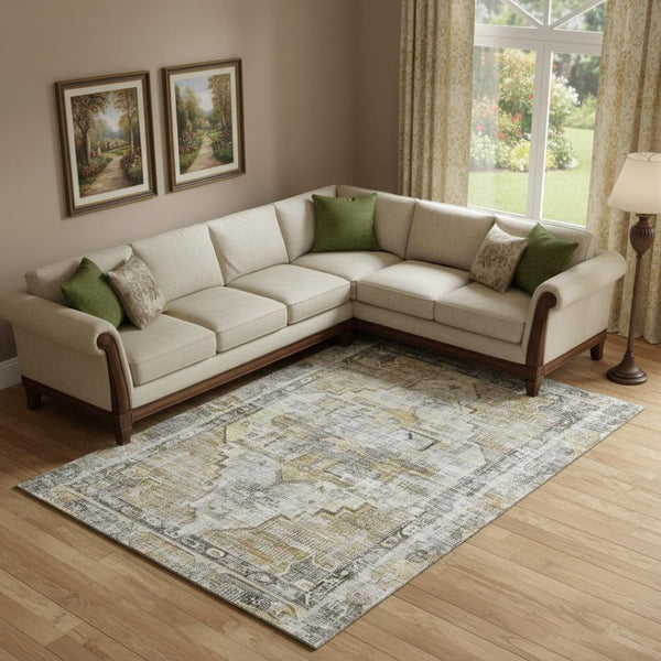 HomeRoots 10' X 14' Elegant Brown Gray Silver Oriental Washable Area Rug with UV Protection for Homes 699382