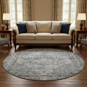HomeRoots 8' Blue and Gray Oriental Round Rug - Washable, Stain Resistant, UV Protected for Everyday Elegance 699385