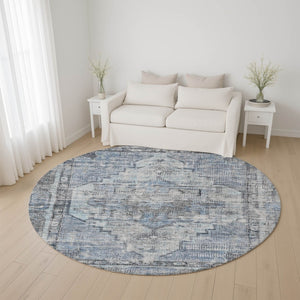 HomeRoots 8' Blue and Gray Oriental Round Rug - Washable, Stain Resistant, UV Protected for Everyday Elegance 699385