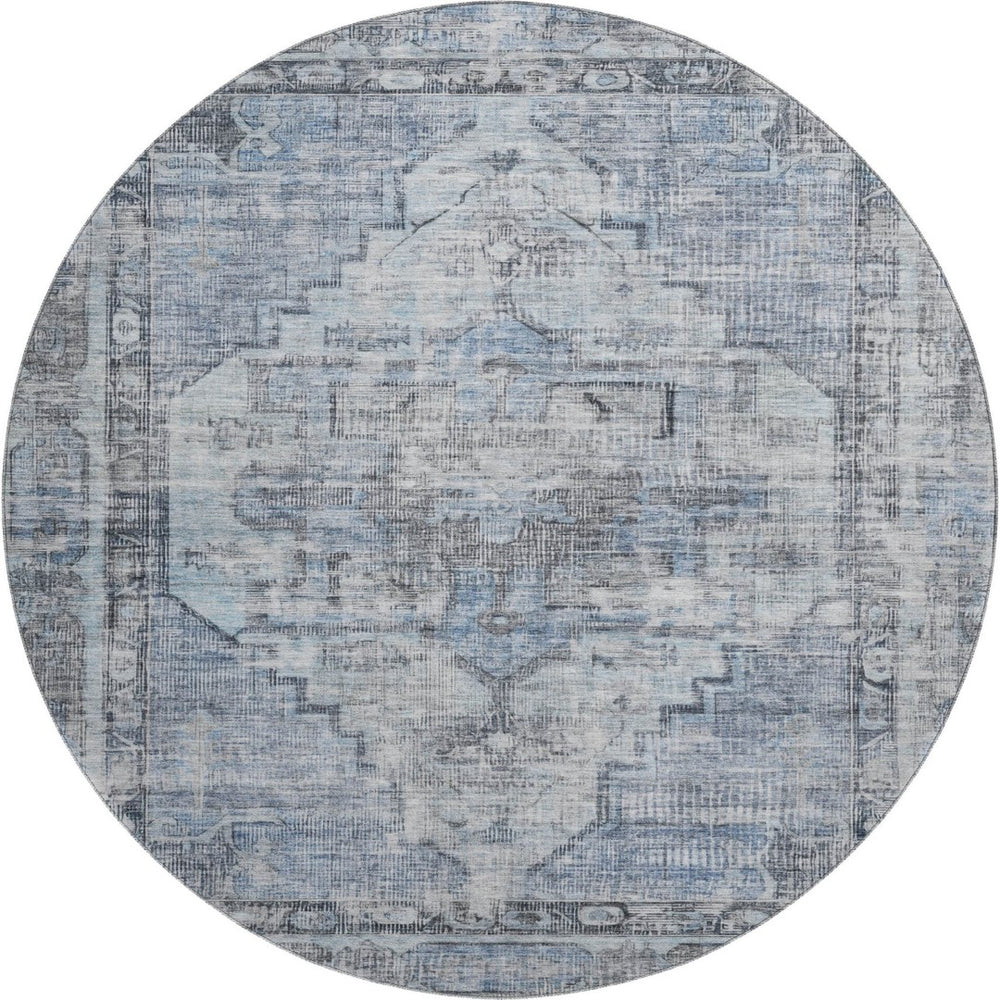 HomeRoots 8' Blue and Gray Oriental Round Rug - Washable, Stain Resistant, UV Protected for Everyday Elegance 699385