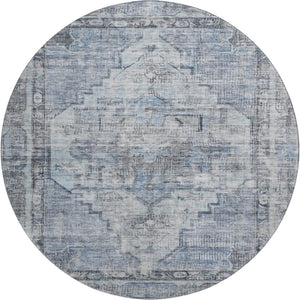 HomeRoots 8' Blue and Gray Oriental Round Rug - Washable, Stain Resistant, UV Protected for Everyday Elegance 699385