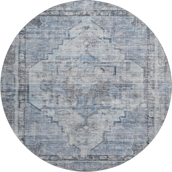 HomeRoots 8' Blue and Gray Oriental Round Rug - Washable, Stain Resistant, UV Protected for Everyday Elegance 699385