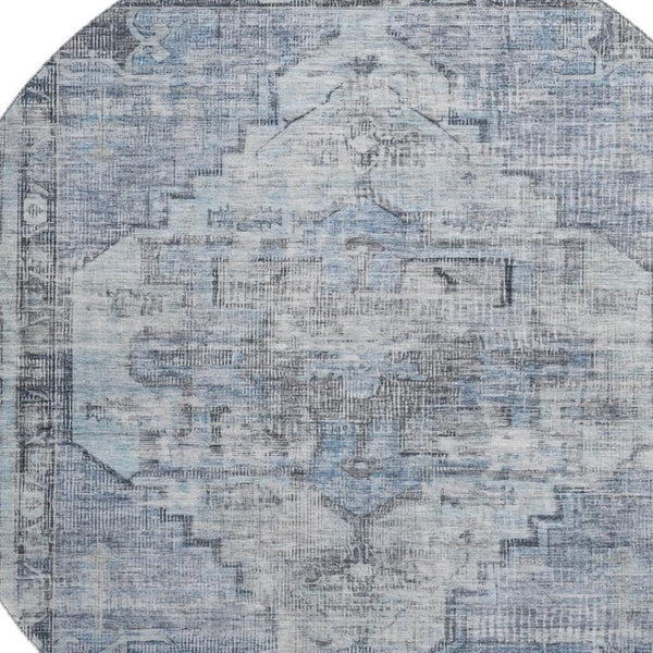 HomeRoots 8' Blue and Gray Oriental Round Rug - Washable, Stain Resistant, UV Protected for Everyday Elegance 699385