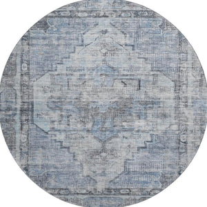 HomeRoots 8' Blue and Gray Oriental Round Rug - Washable, Stain Resistant, UV Protected for Everyday Elegance 699385