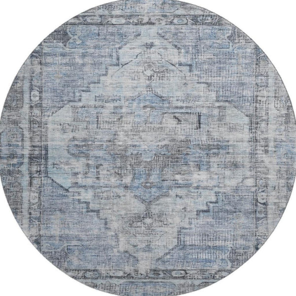 HomeRoots 8' Blue and Gray Oriental Round Rug - Washable, Stain Resistant, UV Protected for Everyday Elegance 699385