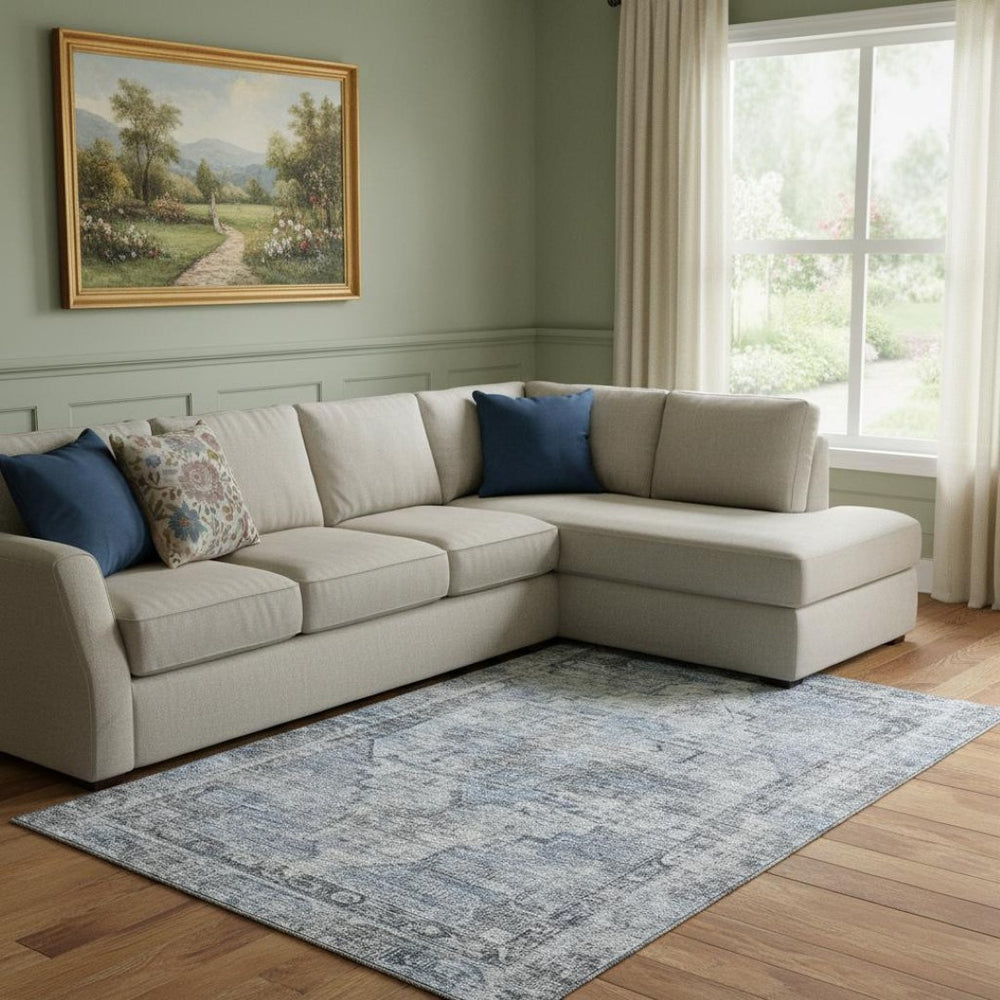 HomeRoots 8' X 10' Blue and Gray Oriental Area Rug - Washable, Stain-Resistant, UV Protected for Family Homes 699386