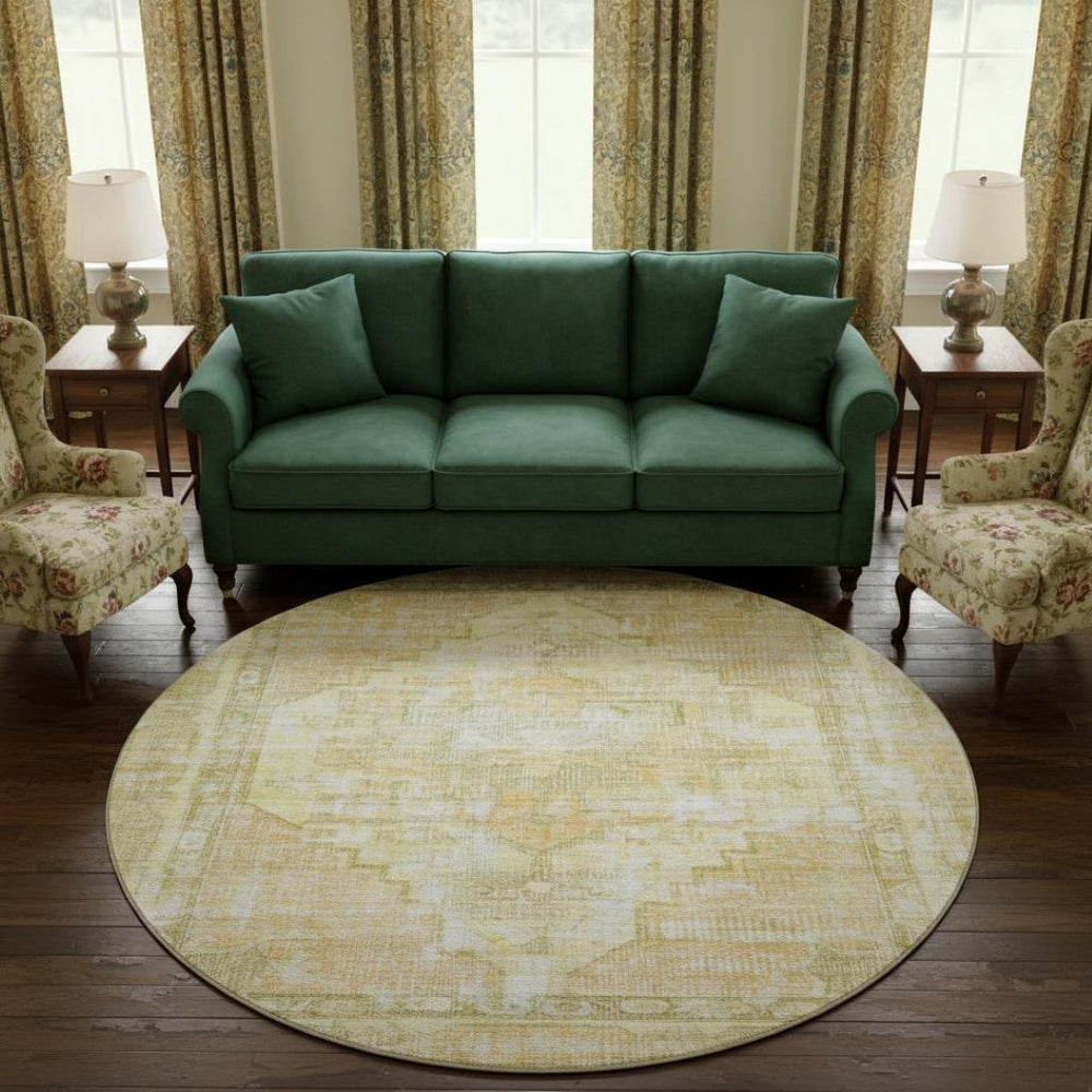 HomeRoots 8' Gold and Ivory Oriental Round Rug - Washable, UV-Protected, Durable Design for Stylish Living Spaces 699391
