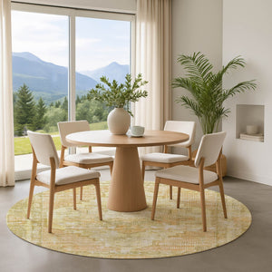 HomeRoots 8' Gold and Ivory Oriental Round Rug - Washable, UV-Protected, Durable Design for Stylish Living Spaces 699391
