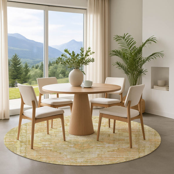 HomeRoots 8' Gold and Ivory Oriental Round Rug - Washable, UV-Protected, Durable Design for Stylish Living Spaces 699391