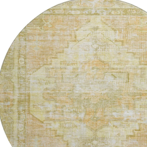 HomeRoots 8' Gold and Ivory Oriental Round Rug - Washable, UV-Protected, Durable Design for Stylish Living Spaces 699391
