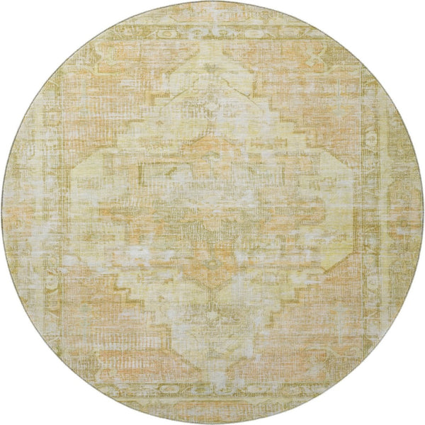 HomeRoots 8' Gold and Ivory Oriental Round Rug - Washable, UV-Protected, Durable Design for Stylish Living Spaces 699391