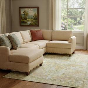 HomeRoots 8' X 10' Gold And Ivory Oriental Area Rug - Washable, UV Protected, Stain Resistant for Modern Homes 699392