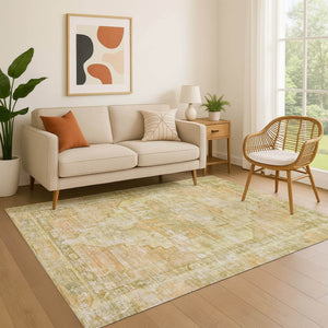 HomeRoots 8' X 10' Gold And Ivory Oriental Area Rug - Washable, UV Protected, Stain Resistant for Modern Homes 699392