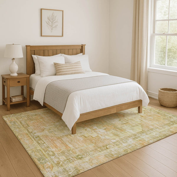 HomeRoots 8' X 10' Gold And Ivory Oriental Area Rug - Washable, UV Protected, Stain Resistant for Modern Homes 699392