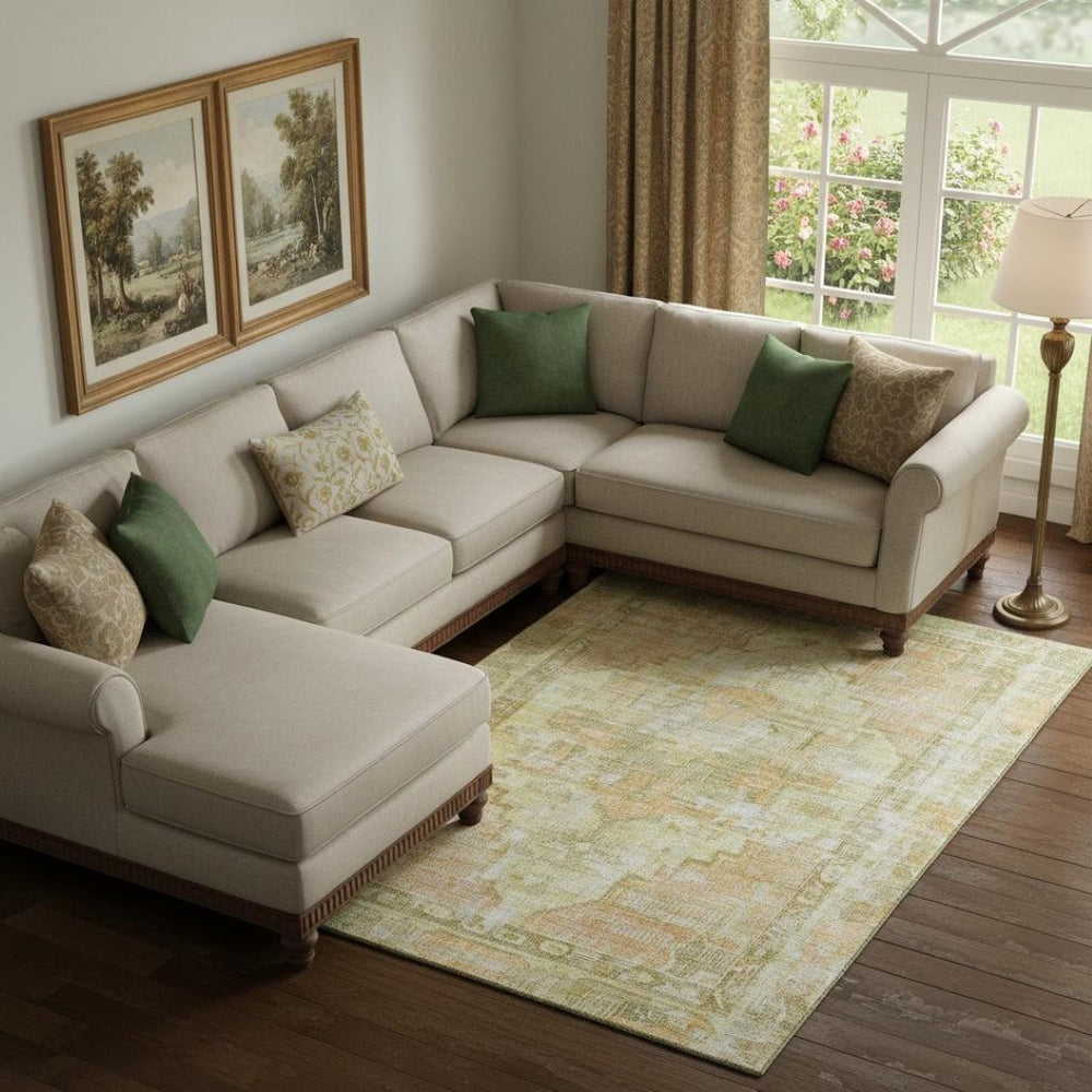 HomeRoots 9' X 12' Gold and Ivory Oriental Area Rug – Washable, UV Protected, Stain-Resistant for Busy Homes! 699393