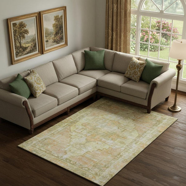 HomeRoots 10' X 14' Gold And Ivory Oriental Area Rug - Washable, UV-Protected, Durable & Non-Slip Design! 699394