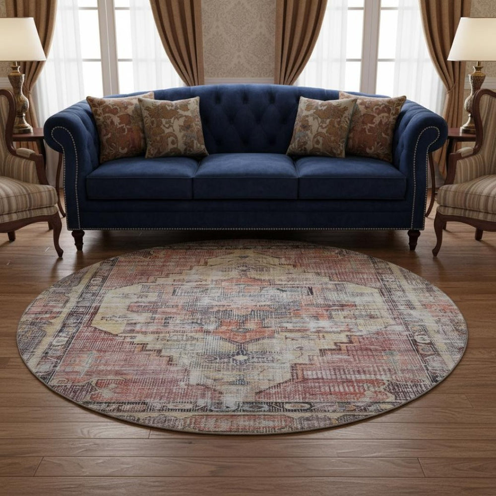 HomeRoots 8' Washable Round Rug in Rust, Gray & Gold - UV Protected, Durable, Non-Slip, Stylish for Homes 699397