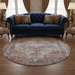 HomeRoots 8' Washable Round Rug in Rust, Gray & Gold - UV Protected, Durable, Non-Slip, Stylish for Homes 699397
