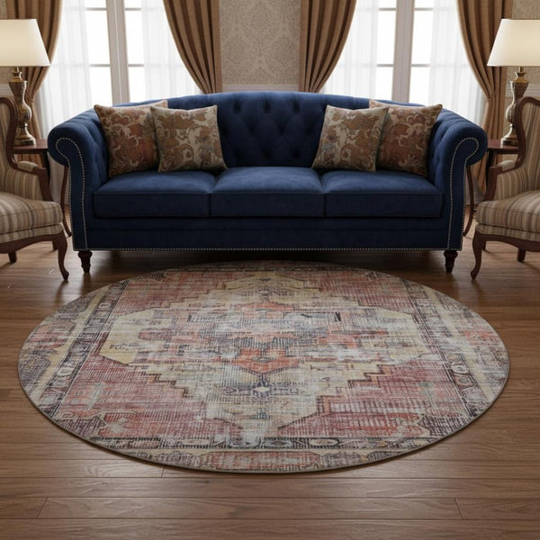 HomeRoots 8' Washable Round Rug in Rust, Gray & Gold - UV Protected, Durable, Non-Slip, Stylish for Homes 699397