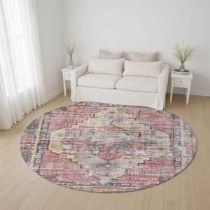 HomeRoots 8' Washable Round Rug in Rust, Gray & Gold - UV Protected, Durable, Non-Slip, Stylish for Homes 699397