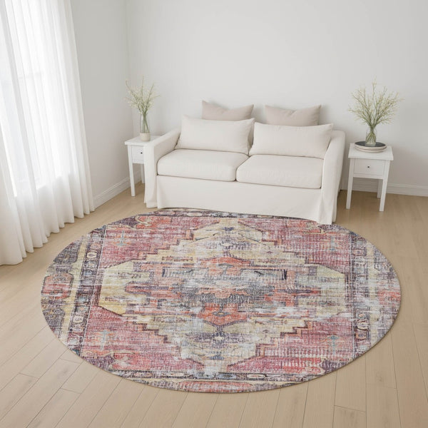 HomeRoots 8' Washable Round Rug in Rust, Gray & Gold - UV Protected, Durable, Non-Slip, Stylish for Homes 699397