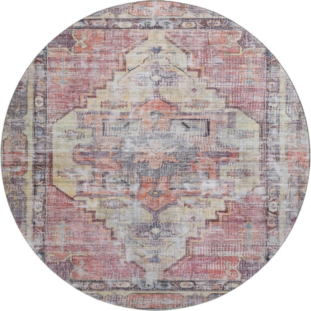 HomeRoots 8' Washable Round Rug in Rust, Gray & Gold - UV Protected, Durable, Non-Slip, Stylish for Homes 699397