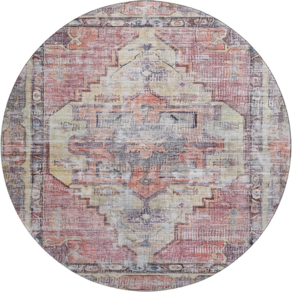 HomeRoots 8' Washable Round Rug in Rust, Gray & Gold - UV Protected, Durable, Non-Slip, Stylish for Homes 699397