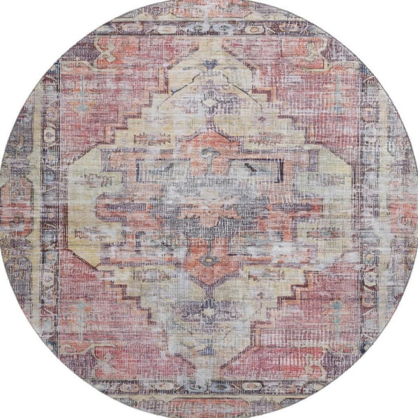 HomeRoots 8' Washable Round Rug in Rust, Gray & Gold - UV Protected, Durable, Non-Slip, Stylish for Homes 699397
