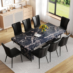 English Elm Table and Chair Set 9 Piece Black Marble Mdf Dining with Pu Leather Seating W1151S04139