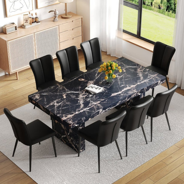 English Elm Table and Chair Set 9 Piece Black Marble Mdf Dining with Pu Leather Seating W1151S04139