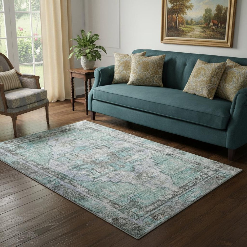 HomeRoots 5' X 8' Teal And Charcoal Oriental Area Rug - Washable, UV Protected, Stain Resistant for Busy Homes 699402