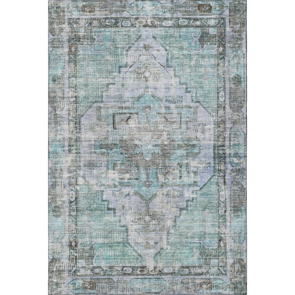 HomeRoots 5' X 8' Teal And Charcoal Oriental Area Rug - Washable, UV Protected, Stain Resistant for Busy Homes 699402