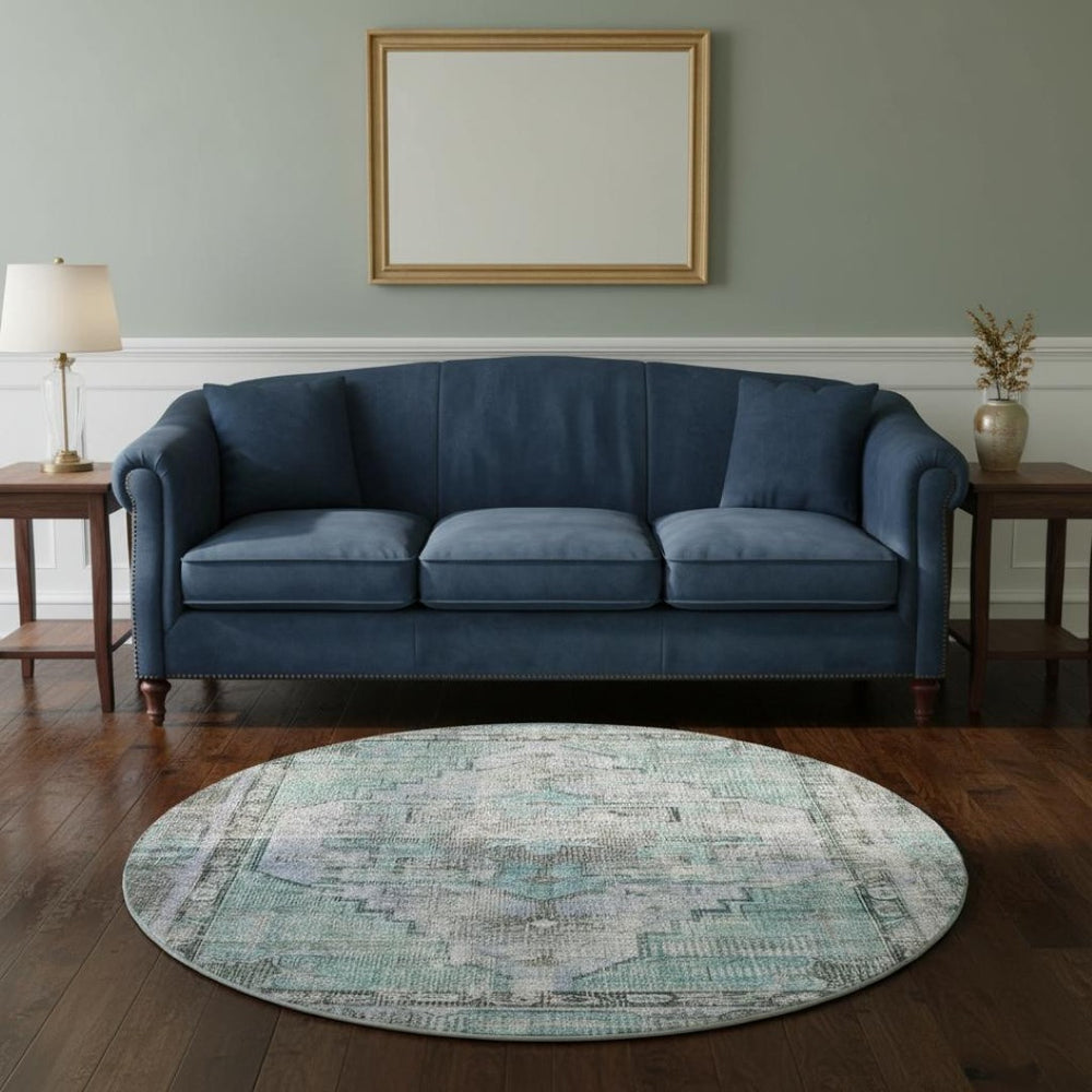 HomeRoots 8' Teal and Charcoal Oriental Round Rug - Stain-Resistant, UV Protected for Indoor & Outdoor Use 699403