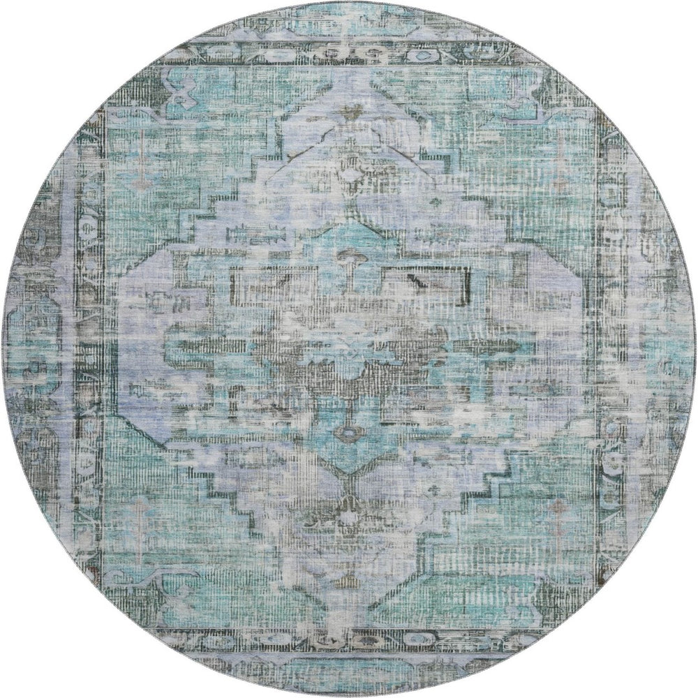 HomeRoots 8' Teal and Charcoal Oriental Round Rug - Stain-Resistant, UV Protected for Indoor & Outdoor Use 699403