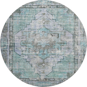 HomeRoots 8' Teal and Charcoal Oriental Round Rug - Stain-Resistant, UV Protected for Indoor & Outdoor Use 699403