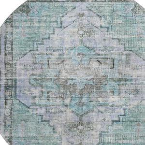 HomeRoots 8' Teal and Charcoal Oriental Round Rug - Stain-Resistant, UV Protected for Indoor & Outdoor Use 699403