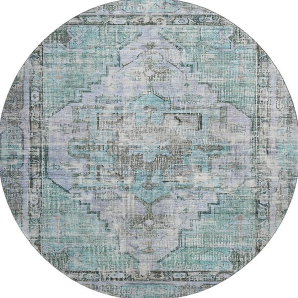 HomeRoots 8' Teal and Charcoal Oriental Round Rug - Stain-Resistant, UV Protected for Indoor & Outdoor Use 699403