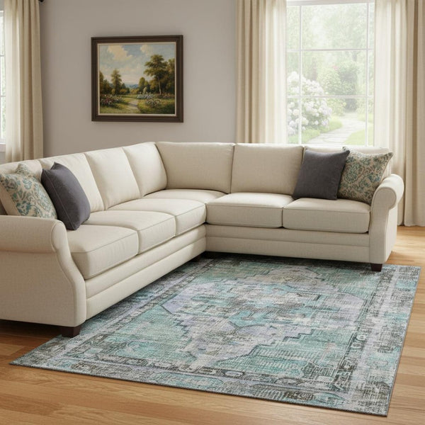 HomeRoots 8' X 10' Teal and Charcoal Oriental Area Rug – Stylish, Durable, Washable with UV Protection for Homes 699404