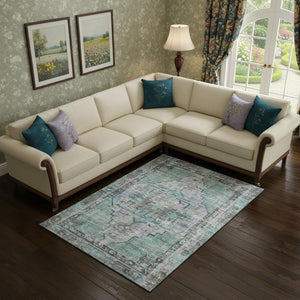 HomeRoots 9' X 12' Teal & Charcoal Oriental Area Rug - Durable, UV-Protected, Stain-Resistant for High-Traffic Homes 699405